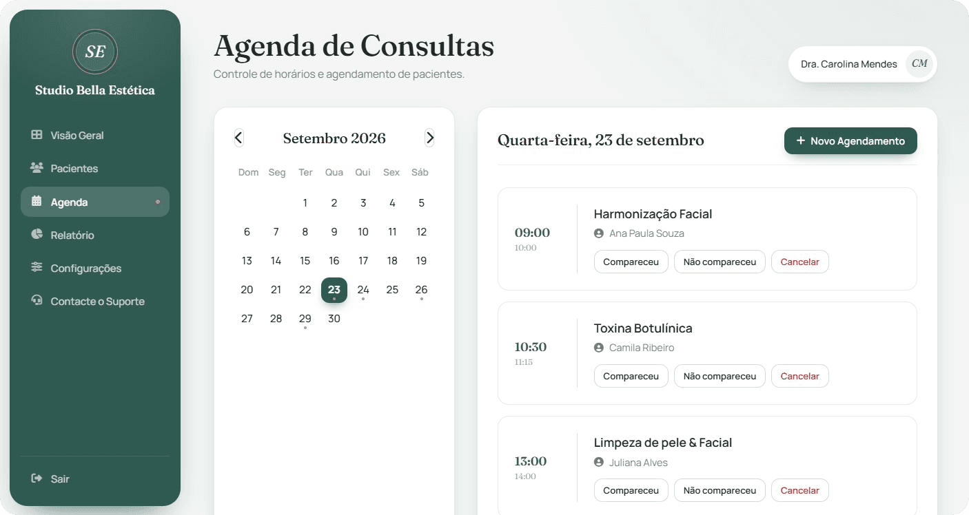 Agenda com calendário e horários do dia