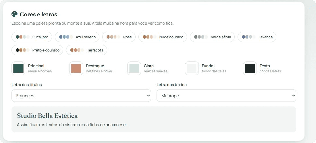 Configurações de cores e letras da clínica