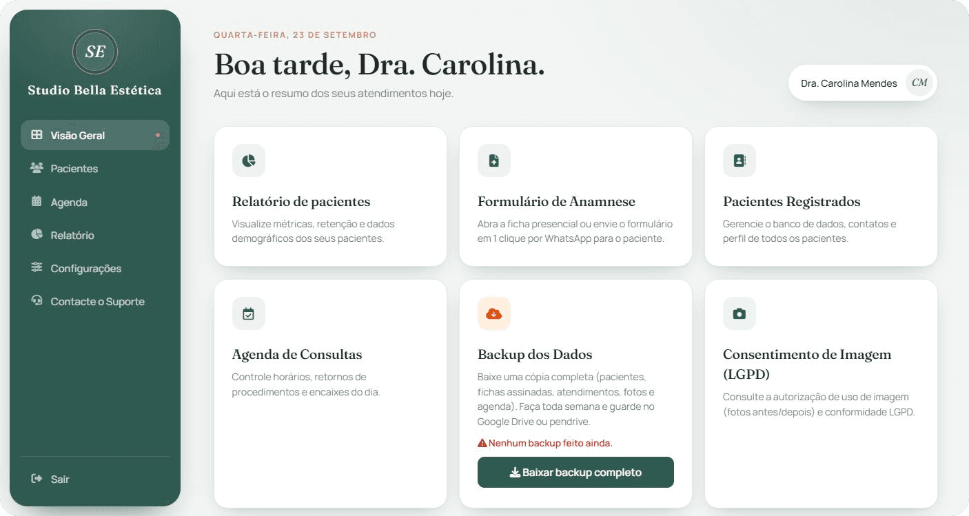 Painel inicial do sistema com a identidade da clínica