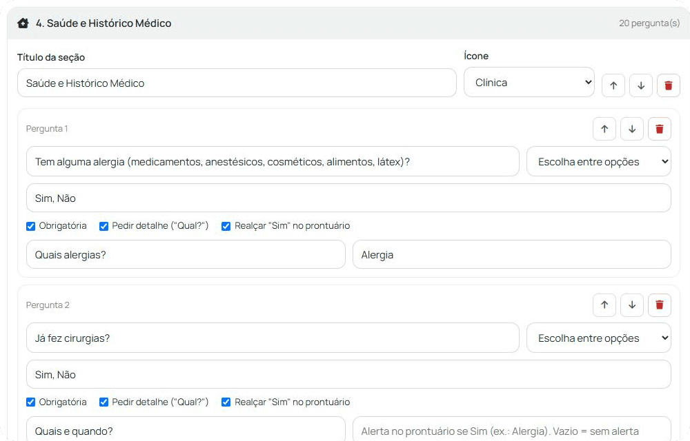 Editor das perguntas da ficha de anamnese